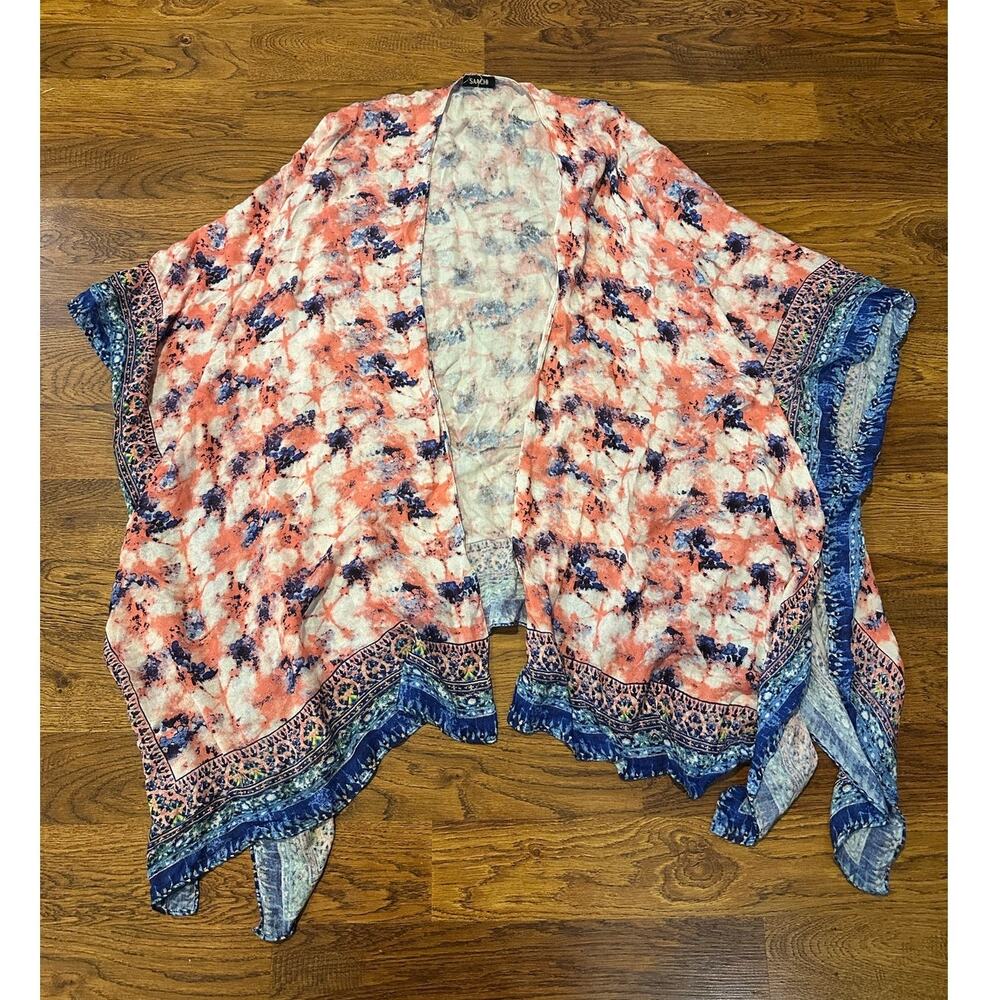 Saachi Tie Dye Floral Kimono Blue Pink One Size Boho Lightweight Sheer Cover Up